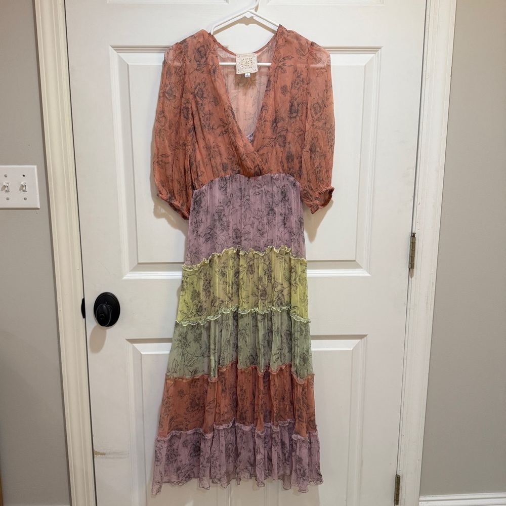 Johnny Was Peach and Lavender Tiered Midi Dress